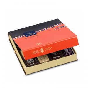 Χάρτινο κουτί πορτοκαλί με 220γρ σοκολατάκια Napolitains Leonidas