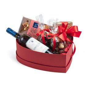 Κουτί καρδιά με κρασί “ΒΙΒΛΙΑ ΧΩΡΑ” και μπισκότα και πραλίνες Leonidas