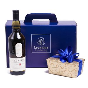 Χάρτινο κουτί Leonidas με 1 LAGAVULIN ουίσκι και 500γρ σοκολατάκια Leonidas