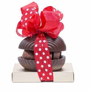 Σοκολατένιο αυγό μαύρη σοκολάτα (xs) με σοκολατάκια Leonidas και πολύχρωμες κορδέλες κόκκινες