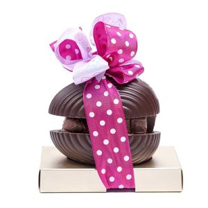 Σοκολατένιο αυγό μαύρη σοκολάτα (xs) με σοκολατάκια Leonidas και πολύχρωμες κορδέλες σε μωβ αποχρώσεις