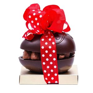 Σοκολατένιο αυγό μαύρη σοκολάτα (small) με σοκολατάκια Leonidas και πολύχρωμες κορδέλες κόκκινες