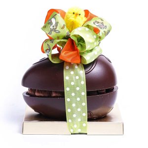 Σοκολατένιο αυγό μαύρη σοκολάτα (large) με σοκολατάκια Leonidas και με πολύχρωμες κορδέλες λαχανί