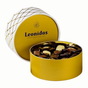 Χάρτινη καπελίερα (λευκή-χρυσή) με 400γρ γρ σοκολατάκια (2 επίπεδα) Leonidas