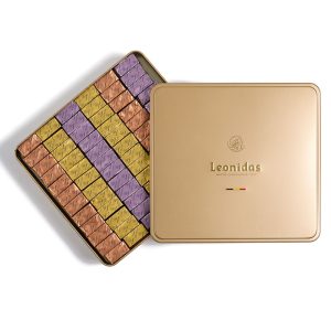 Μεταλλικό χρυσό κουτί τετράγωνο με 1,740gr σοκολατάκια gianduja giantina giamanda Leonidas