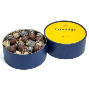 Χάρτινη καπελιέρα μπλέ-κίτρινη με 790γρ τρουφάκια σοκολατάκια Leonidas
