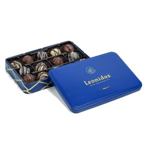 Μεταλλικό παραλληλόγραμο κουτί μπλέ με 370γρ σοκολατάκια τρουφάκια Leonidas