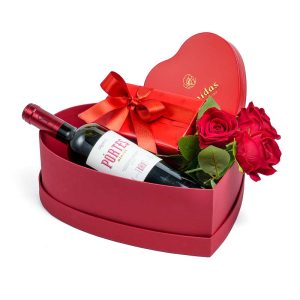 Κουτί χάρτινο κόκκινο καρδιά με κρασί “PORTES ΣΚΟΥΡΑΣ” και 2 συσκευασίες με σοκολατάκια Leonidas