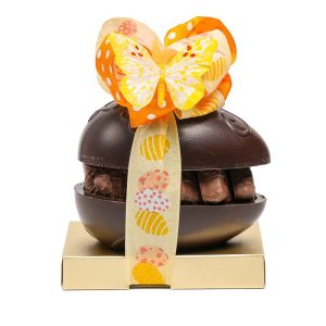 Σοκολατένιο αυγό μαύρη σοκολάτα (small) με σοκολατάκια Leonidas και πολύχρωμες κορδέλες πορτοκαλί